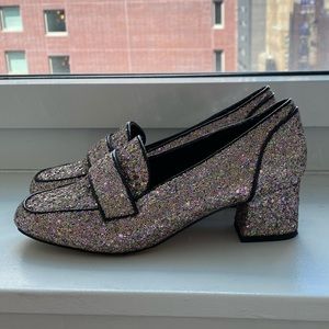 ASOS Pink Multi-Glitter Penny Loafers with Low Block Heel